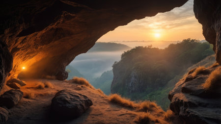 Panorama view of the cave with sunrise in the morning,Thailandの素材