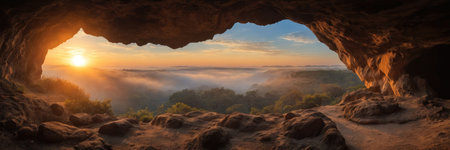 Panoramic view from the cave to the misty valley at sunrise.の素材