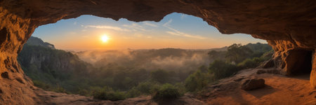 Panoramic view of the morning sun rising through the cave.の素材
