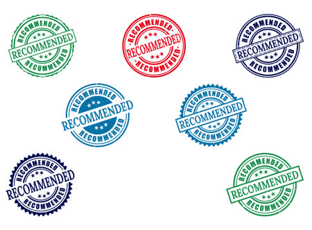 Collection of recommended stamp seal designs in green red and blue colors for product endorsement and promotion useのイラスト素材