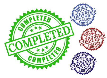 A Project Completed Stamp Icons, Grunge Style Finished Task Labelsのイラスト素材