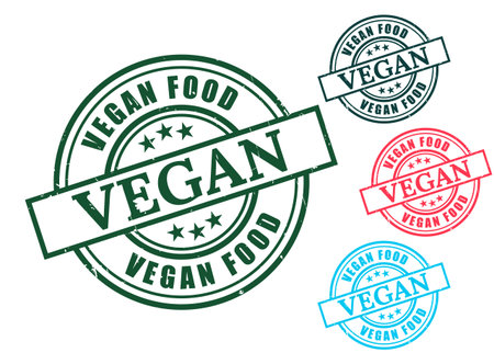 A Vegan Food Grunge Rubber Stamp Collection, Plant-Based Product Seal Vector Setのイラスト素材