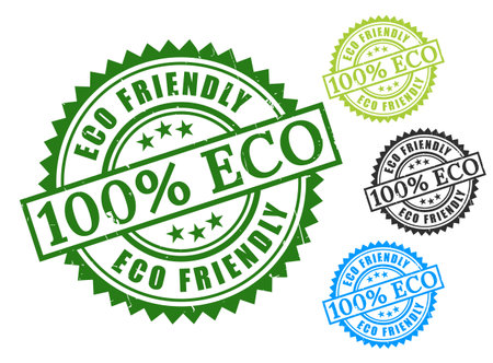 A 100% Eco-Friendly Seal Bundle, Grunge Rubber Nature-Friendly Stamp Iconsのイラスト素材