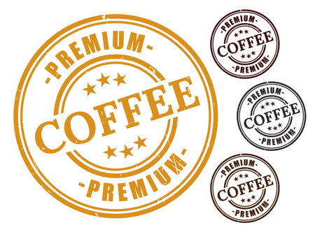 A Premium Coffee Badge Collection, Grunge Rubber Authentic Roast Stamp Packのイラスト素材