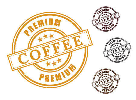 A Premium Coffee Certified Stamp Collection, Grunge Rubber Artisan Brew Label Setのイラスト素材