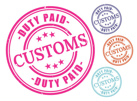 A Customs Duty Paid Badge Collection, Grunge Rubber International Shipping Stamp Setのイラスト素材