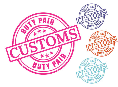 A Customs Duty Paid Grunge Rubber Stamp Collection, Import Tax Seal Vector Setのイラスト素材