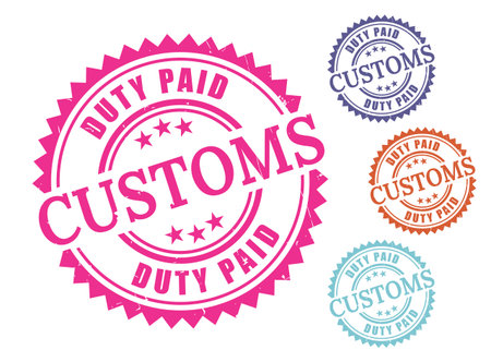 A Customs Duty Paid Product Stamp Set, Grunge Style Global Trade Label Vectorsのイラスト素材