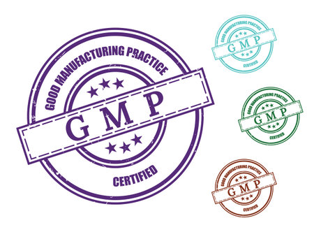 A GMP Certified Product Stamp Set, Good Manufacturing Practice Seal Vector Iconsのイラスト素材