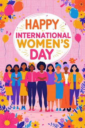 Happy International Women's Day Greeting Card Flat Vector Illustrationの素材
