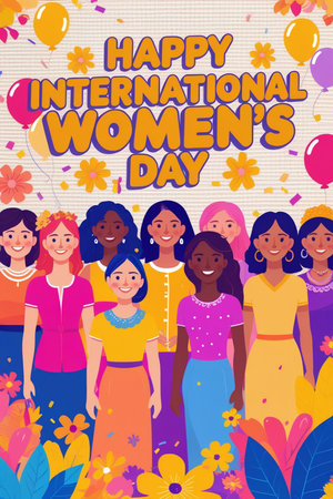 Happy International Women's Day greeting card with happy international women, vector illustration.の素材