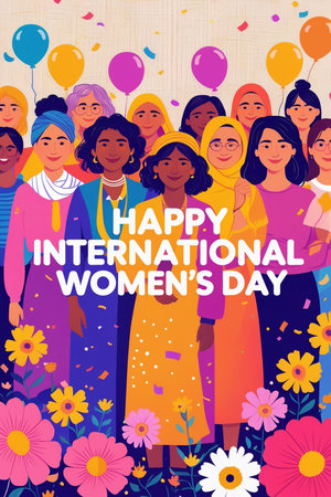 Happy International Women's Day greeting card with diverse women. Vector illustrationの素材