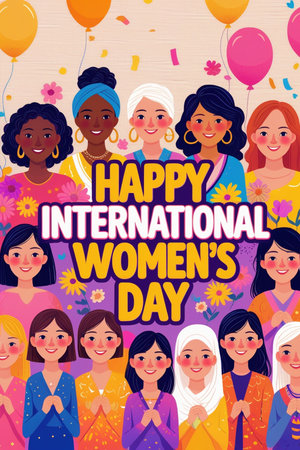 International Women's Day greeting card with diverse women. Vector illustration.の素材
