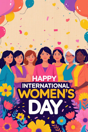 Happy Women's Day greeting card. International Women's Day celebration banner with cartoon women. Vector illustrationの素材
