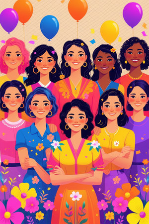 Happy Indian women in traditional clothes. Women with flowers. Vector illustrationの素材