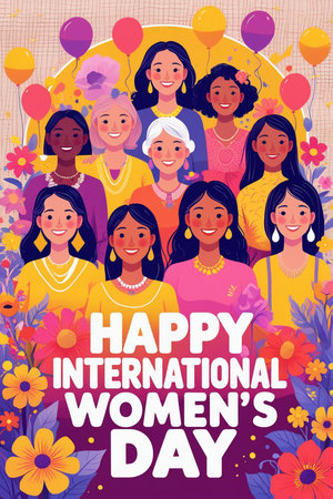 Happy International Women's Day greeting card with diverse international women in traditional clothes.の素材