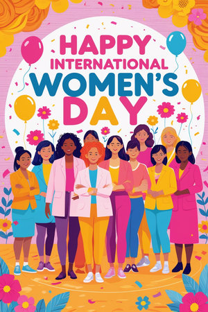 International Women's Day greeting card with group of women. Vector illustrationの素材