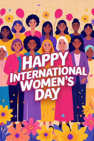 Happy International Women's Day greeting card with group of diverse women.の素材