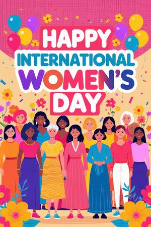International Women's Day greeting card with diverse women in national dress.の素材