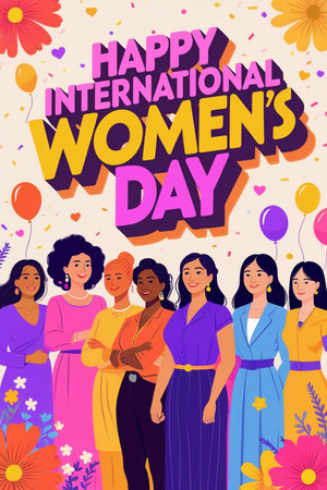 Happy International Women's Day banner with diverse women. Vector illustration.の素材