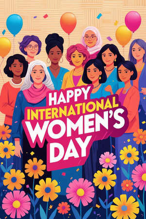 Happy Women's Day greeting card with diverse women. Vector illustration.の素材