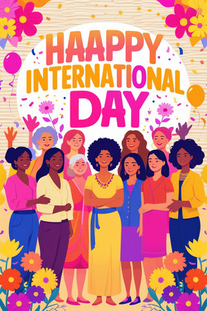 Happy International Women's Day greeting card with diverse women. Vector illustration.の素材