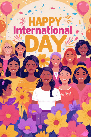 International Day of Happiness. Group of diverse women with flowers. Vector illustration.の素材