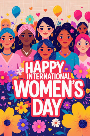 International Women's Day greeting card with beautiful girls. Vector illustration.の素材