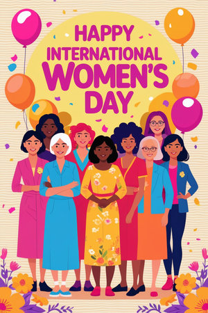 International Women's Day greeting card with diverse women. Vector illustration.の素材