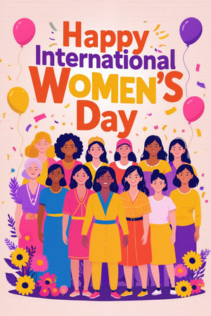 International Women's Day greeting card. Multicultural women of different nationalities and cultures. Vector illustration.の素材