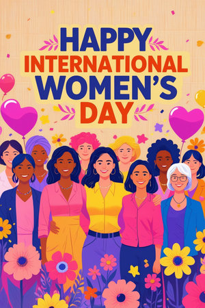 International Women's Day greeting card with diverse women. Vector illustration.の素材