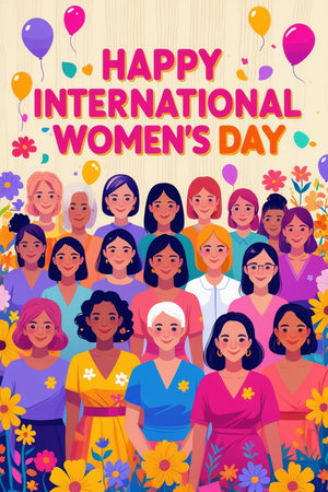 International Women's Day greeting card in flat cartoon style. Vector illustrationの素材