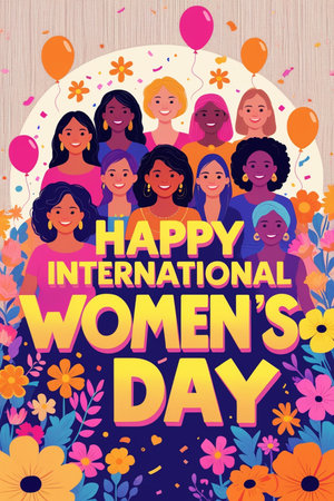 International Women's Day greeting card with diverse women. Vector illustration.の素材