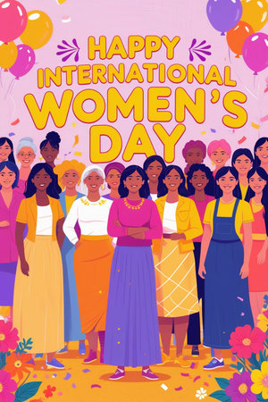 Happy International Women's Day greeting card with diverse African American women in traditional dress. Vector illustration.の素材