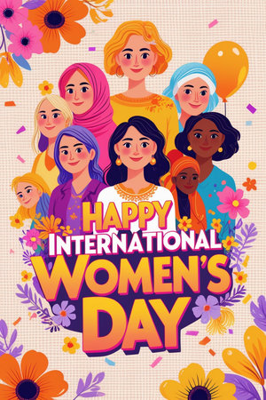 Happy International Women's Day greeting card with diverse women. Vector illustrationの素材