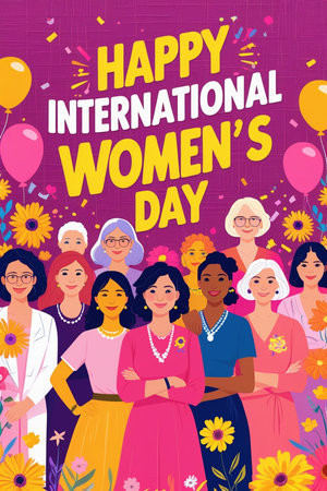 International Women's Day greeting card with diverse women. Vector illustration.の素材