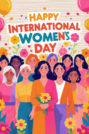 International Women's Day greeting card with diverse women and flowers. Vector illustrationの素材