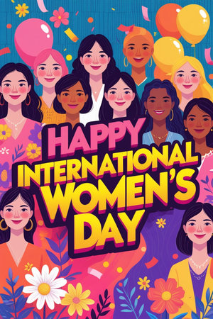 International Women's Day banner with happy women and flowers. Vector illustrationの素材