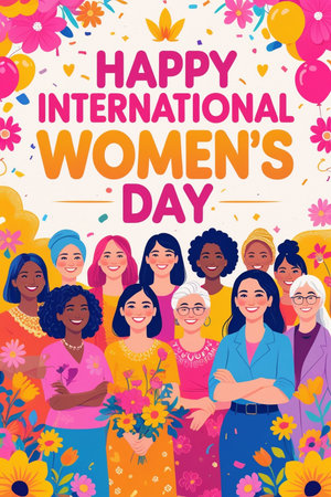 International Women's Day greeting card with diverse women. Vector illustration.の素材