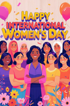 International Women's Day greeting card with diverse women. Vector illustration.の素材