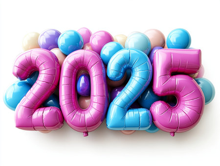 Happy New Year 2015. 3d render of colorful balloons on white backgroundの素材