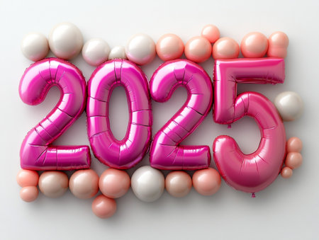 Happy New Year 2015 with pink balloons and white background. 3D Renderingの素材