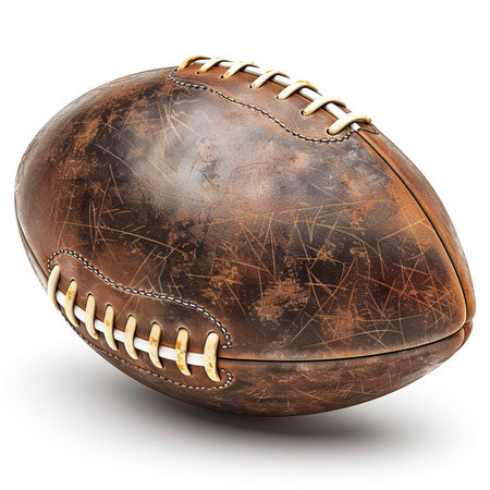 Old leather american football ball isolated on white background with clipping pathの素材