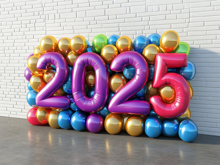New year 2015 with balloons on white brick wall background. 3d renderの素材