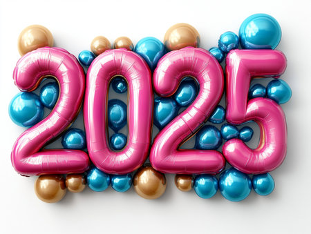 New Year 2015. 3d render of balloons and confetti on white backgroundの素材