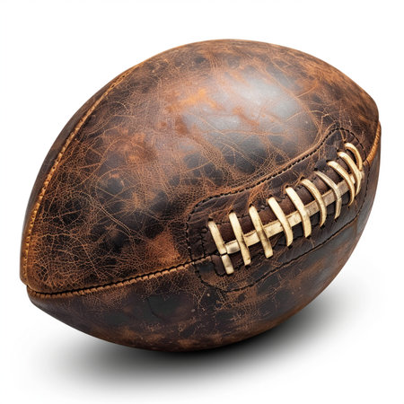 Old leather rugby ball isolated on white background. Clipping path included.の素材