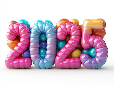 Happy new year 2019. Colorful balloons on white background. 3D illustrationの素材