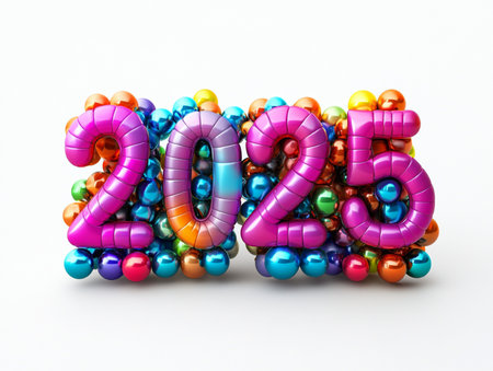 New year 2015 made of colorful balloons on white background. 3d illustrationの素材