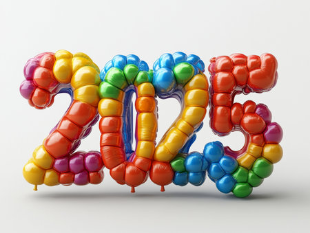 Happy new year 2015 made of balloons on white background. 3D renderingの素材