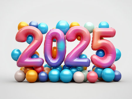 Happy New Year 2015 with colorful balloons 3d render on white backgroundの素材
